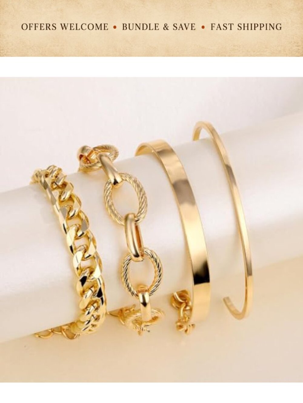 Chunky Stackable Bangle Cuff Bracelet Set Adjustable Link Chain Statement - Picture 4 of 4